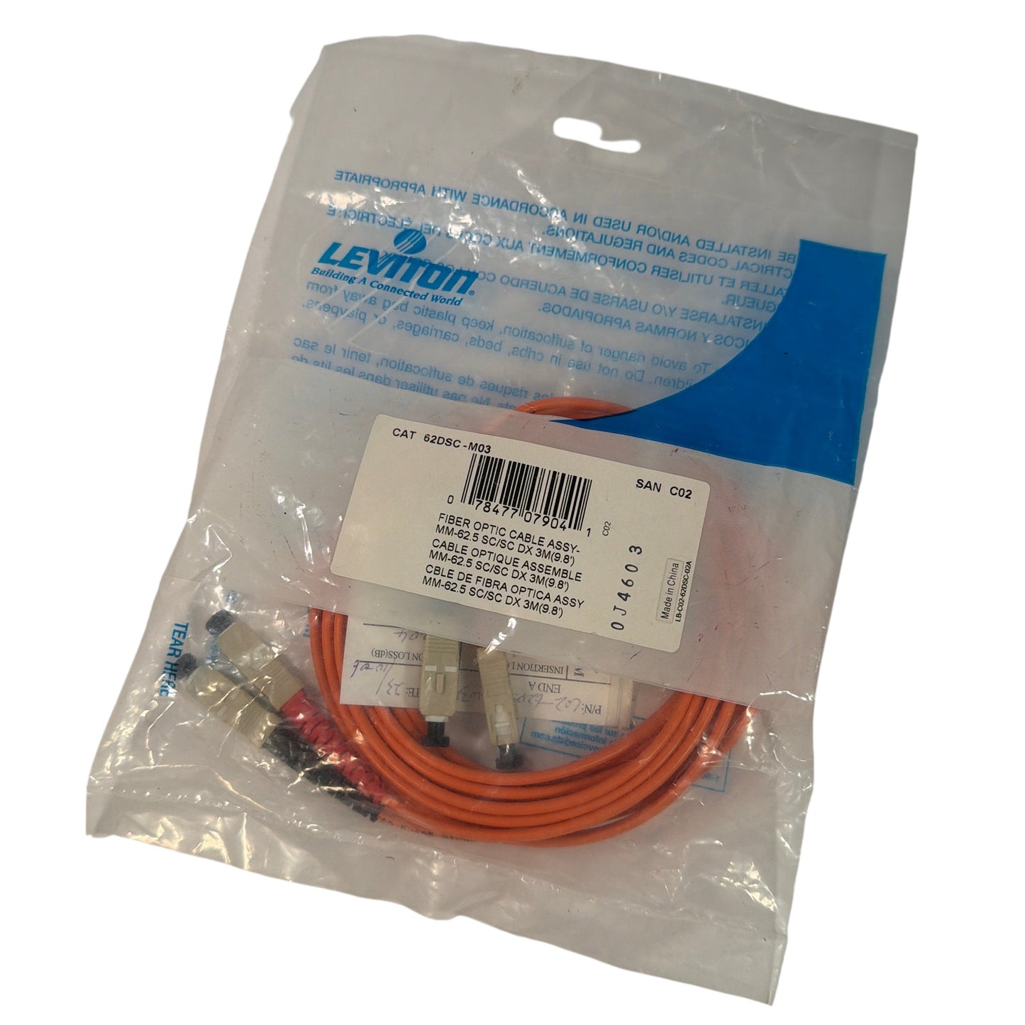 Leviton 62DSC-M03 Duplex SC-SC Multimode Fiber Optic Patch Cable 3m 62.5/125