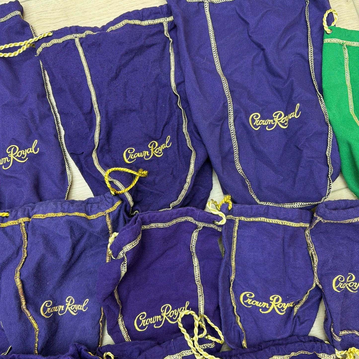 Lot of 16 Crown Royal Drawstring Bottle Bags Mixed Colors Purple Green Tan