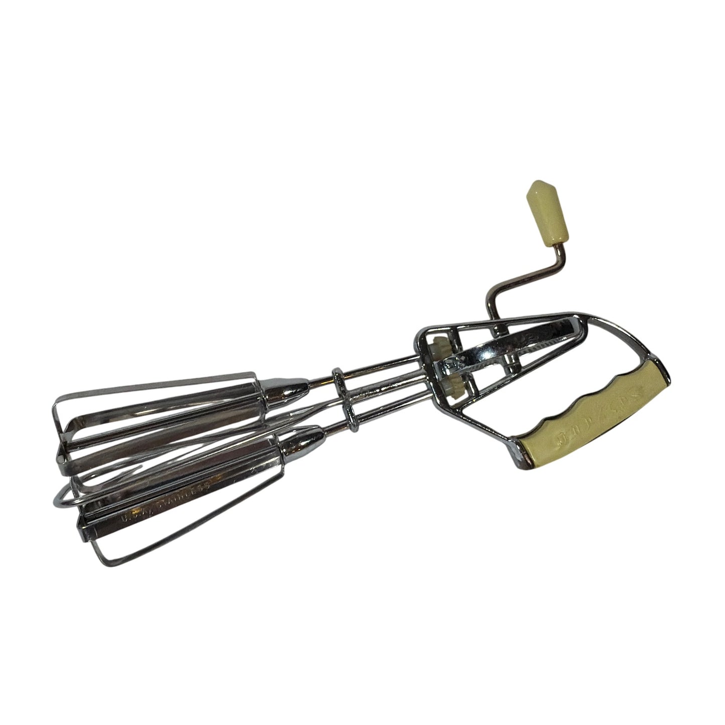 Maynard Manual Hand Crank Egg Beater Mixer Yellow Handle Chrome Cracked Handle