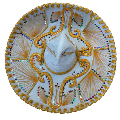 Pigalle XXXXX White Charro Sombrero Hat with Gold Trim and Sequins 23 in