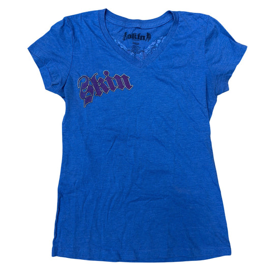 Skin Industries Womens Large Blue V-Neck Graphic T-Shirt Wings