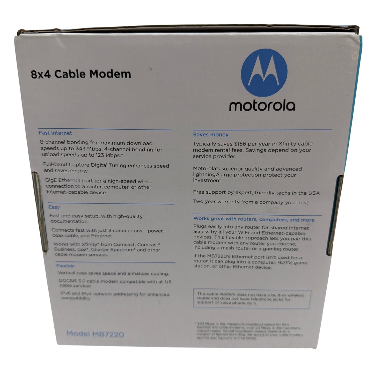 Motorola MB7220 DOCSIS 3.0 8x4 Cable Modem with Cables and Power Adapter