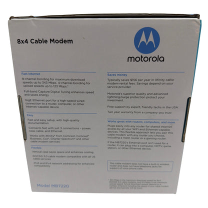 Motorola MB7220 DOCSIS 3.0 8x4 Cable Modem with Cables and Power Adapter
