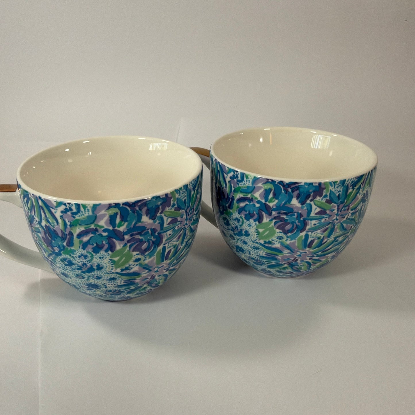 Lilly Pulitzer Blue Green Floral Ceramic Mug Set of 2 with Gold-Tone Handles