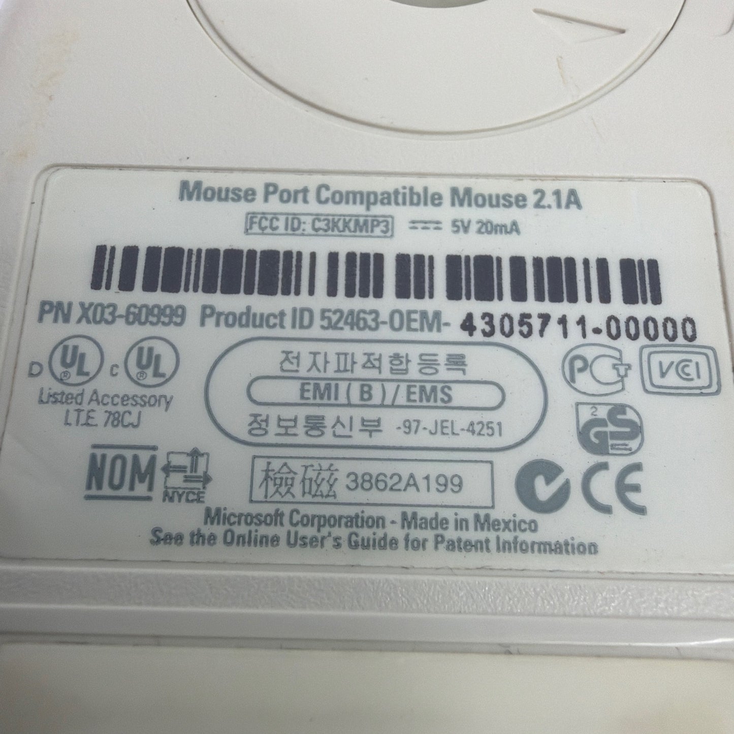 Microsoft Mouse Port Compatible Mouse 2.1A PS/2 Ball Mouse Beige P/N X03-60999