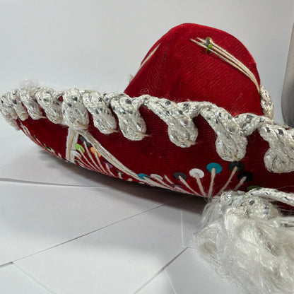 Sombreros Sanchez Red Velvet Charro Sombrero Hat Silver Trim Sequins 15in