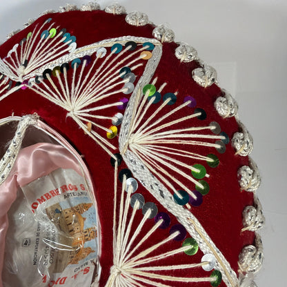 Sombreros Sanchez Red Velvet Charro Sombrero Hat Silver Trim Sequins 15in
