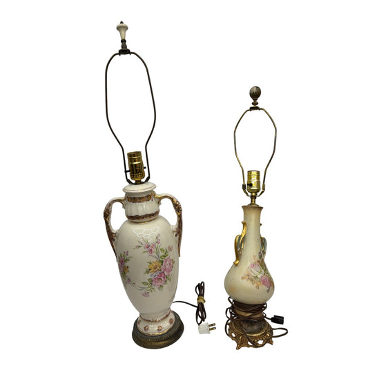 Lot of 2 Vintage Porcelain Floral Table Lamps for Repair As-Is