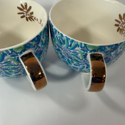 Lilly Pulitzer Blue Green Floral Ceramic Mug Set of 2 with Gold-Tone Handles