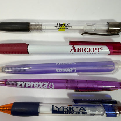 Lot of 7 Pharmaceutical Promo Click Pens Aricept Zyprexa Lyrica Havrix Zmax Rec