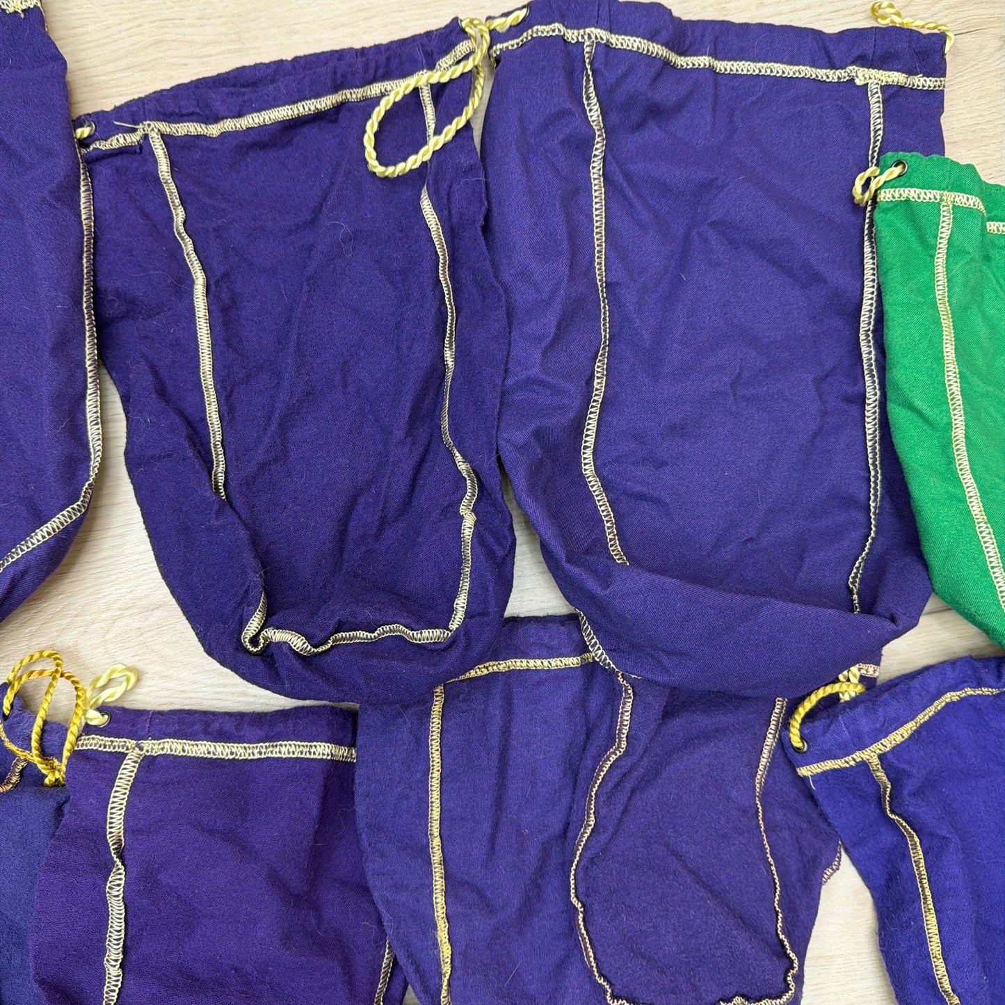 Lot of 16 Crown Royal Drawstring Bottle Bags Mixed Colors Purple Green Tan