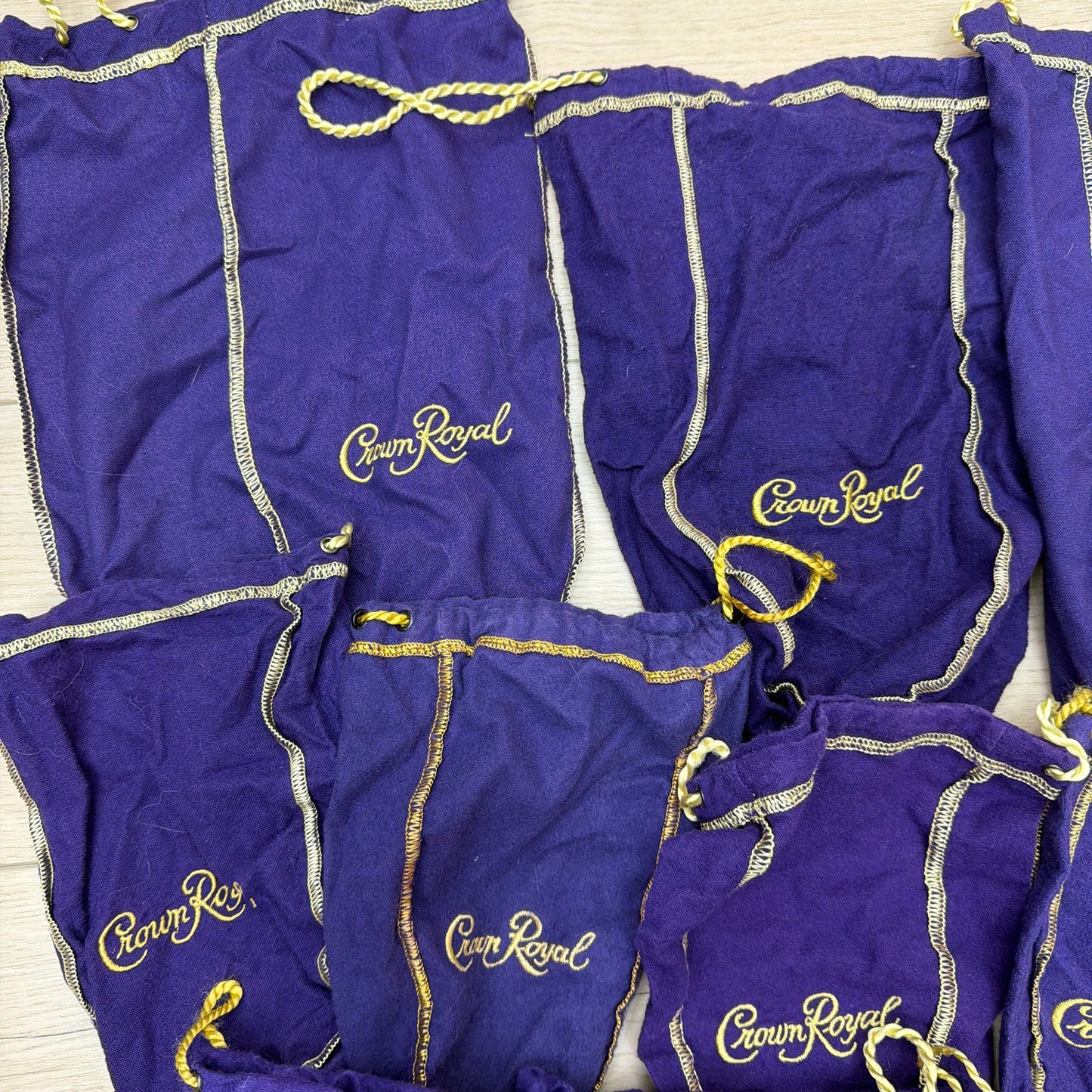Lot of 16 Crown Royal Drawstring Bottle Bags Mixed Colors Purple Green Tan