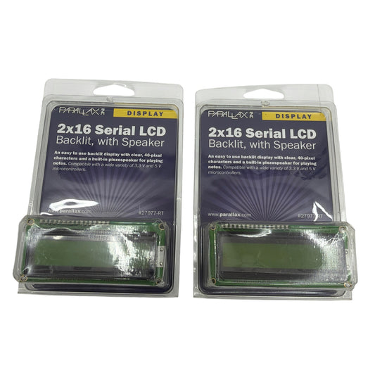 Lot of 2 Parallax 27977-RT 2x16 Serial LCD Backlit Displays with Speaker