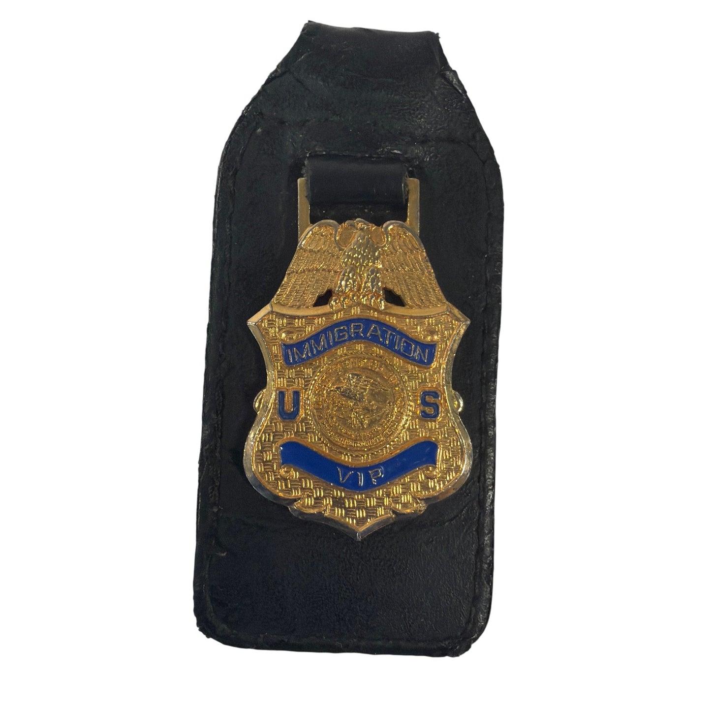 U.S. Immigration VIP Badge on Black Leather Holder Gold Tone Blue Enamel