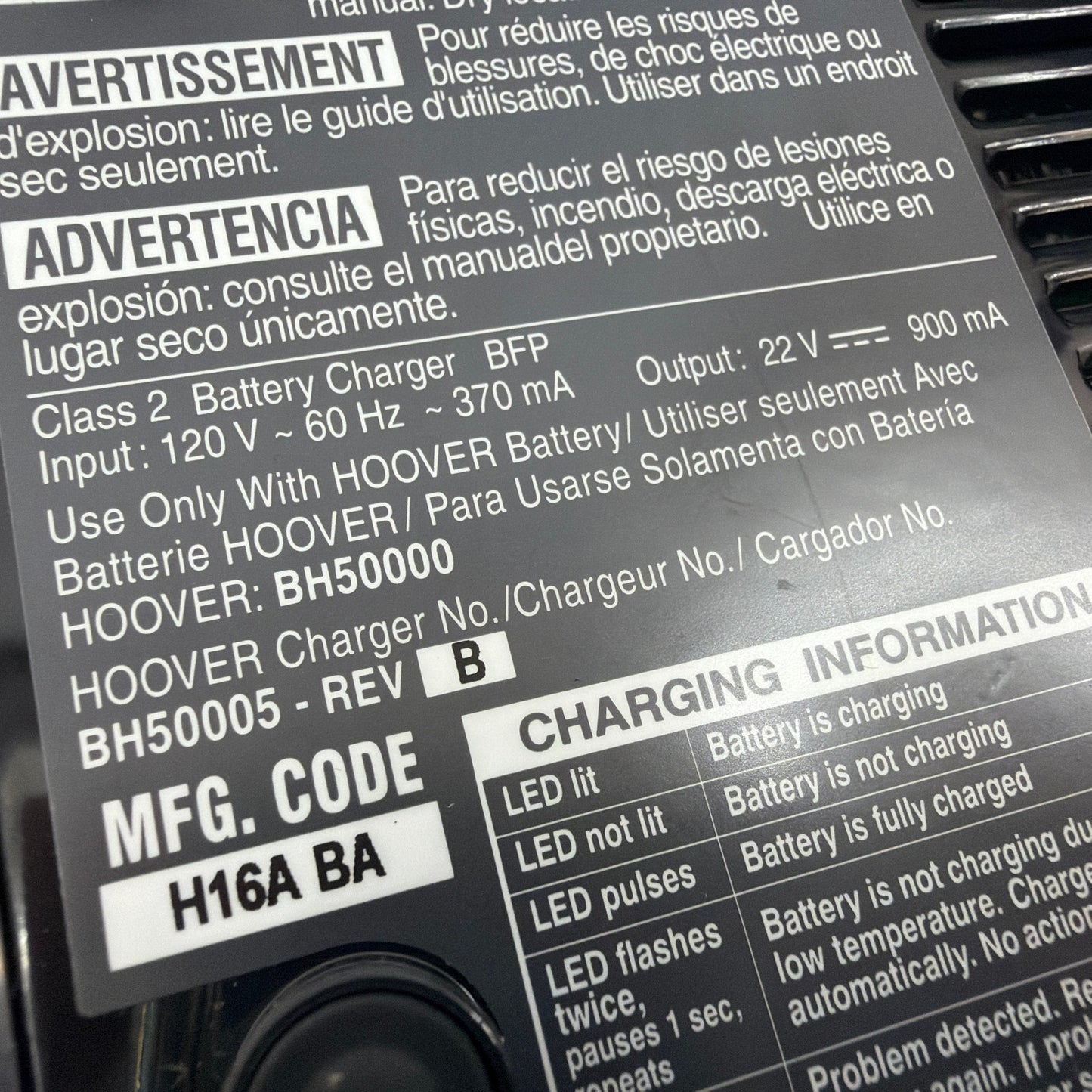 Hoover BH50005 22V Battery Charger Rev B Tested Working