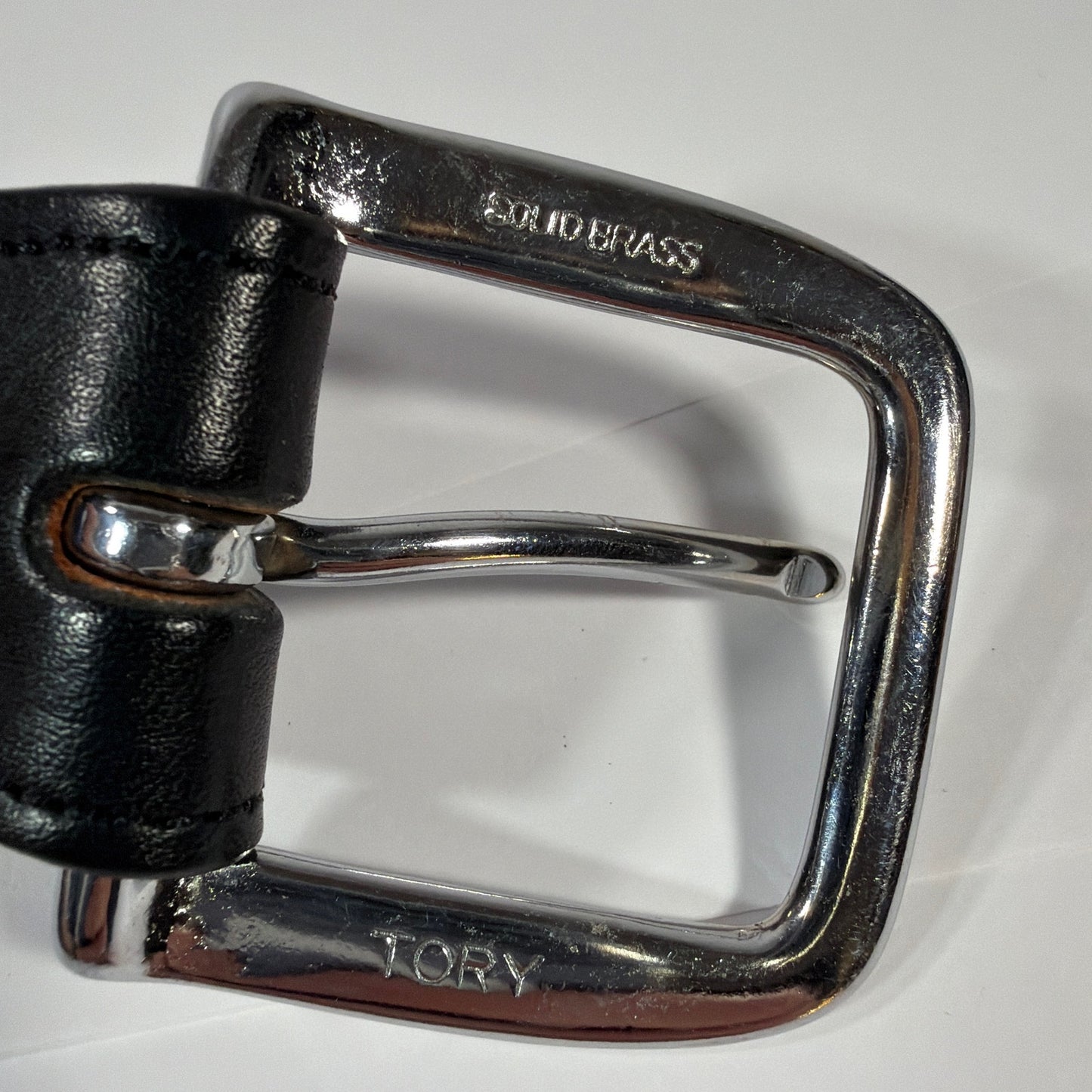 Tory Burch Black English Bridle Leather Belt Size 28 Solid Brass Buckle