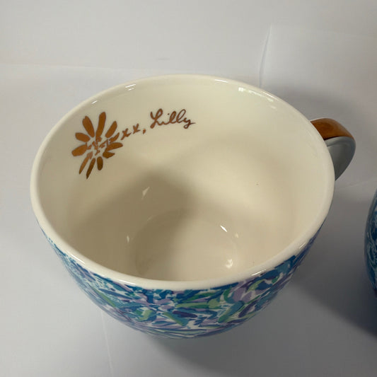 Lilly Pulitzer Blue Green Floral Ceramic Mug Set of 2 with Gold-Tone Handles