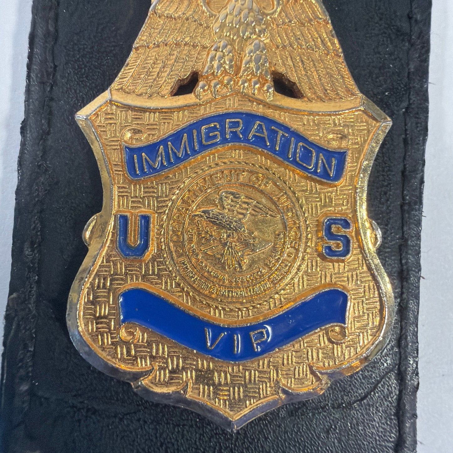 U.S. Immigration VIP Badge on Black Leather Holder Gold Tone Blue Enamel