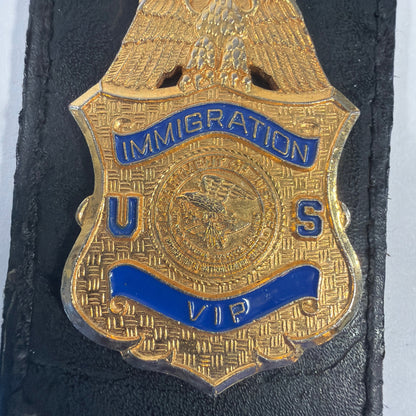 U.S. Immigration VIP Badge on Black Leather Holder Gold Tone Blue Enamel