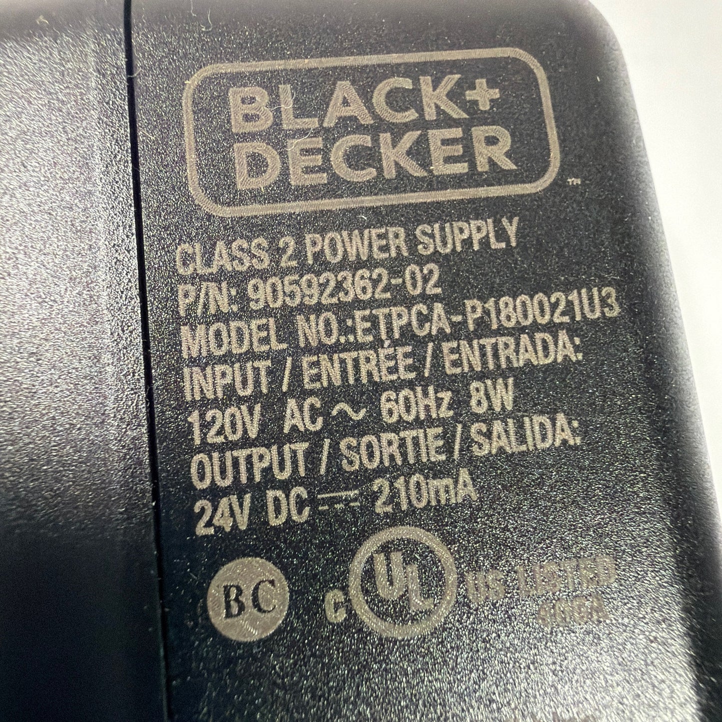 BLACK+DECKER 24V DC 210mA Power Supply Adapter 90592362-02 ETPCA-P180021U3