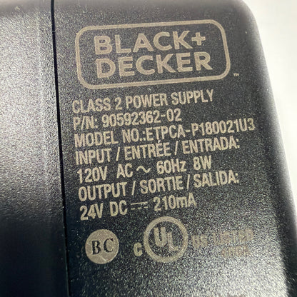 BLACK+DECKER 24V DC 210mA Power Supply Adapter 90592362-02 ETPCA-P180021U3
