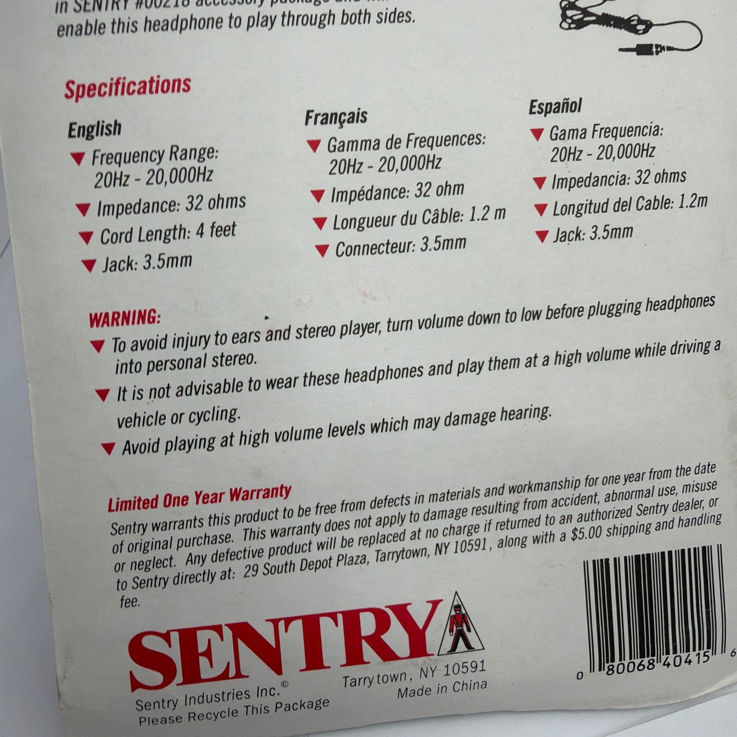 Sentry H0415 Mini Stereo Headphones Sealed Vintage 3.5mm Black