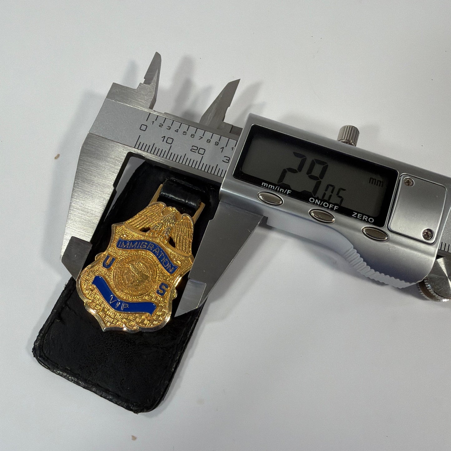 U.S. Immigration VIP Badge on Black Leather Holder Gold Tone Blue Enamel
