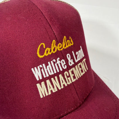 Cabela's Wildlife & Land Management Mesh Trucker Hat Burgundy Tan Snapback