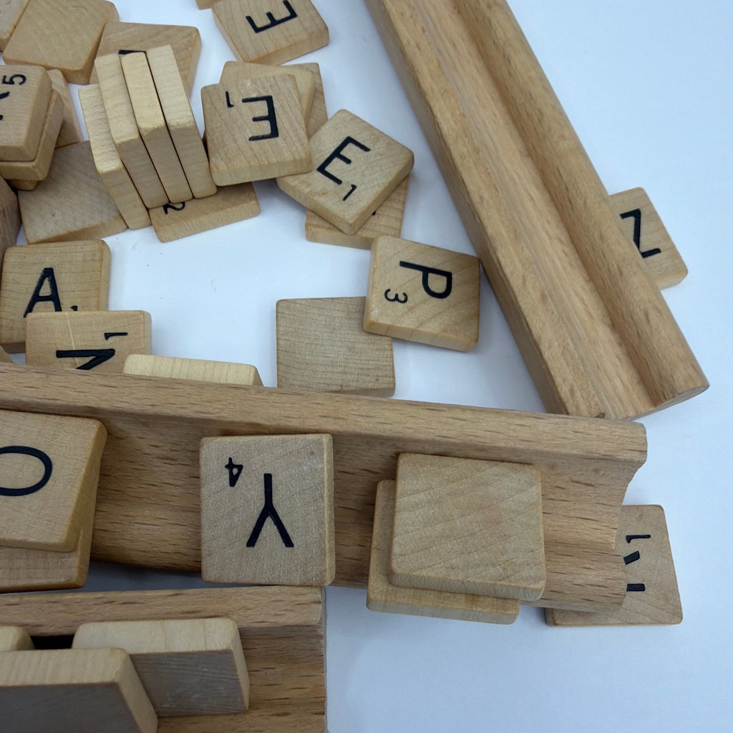 Wooden Letter Tile and Rack Lot for Scrabble Style Word Game