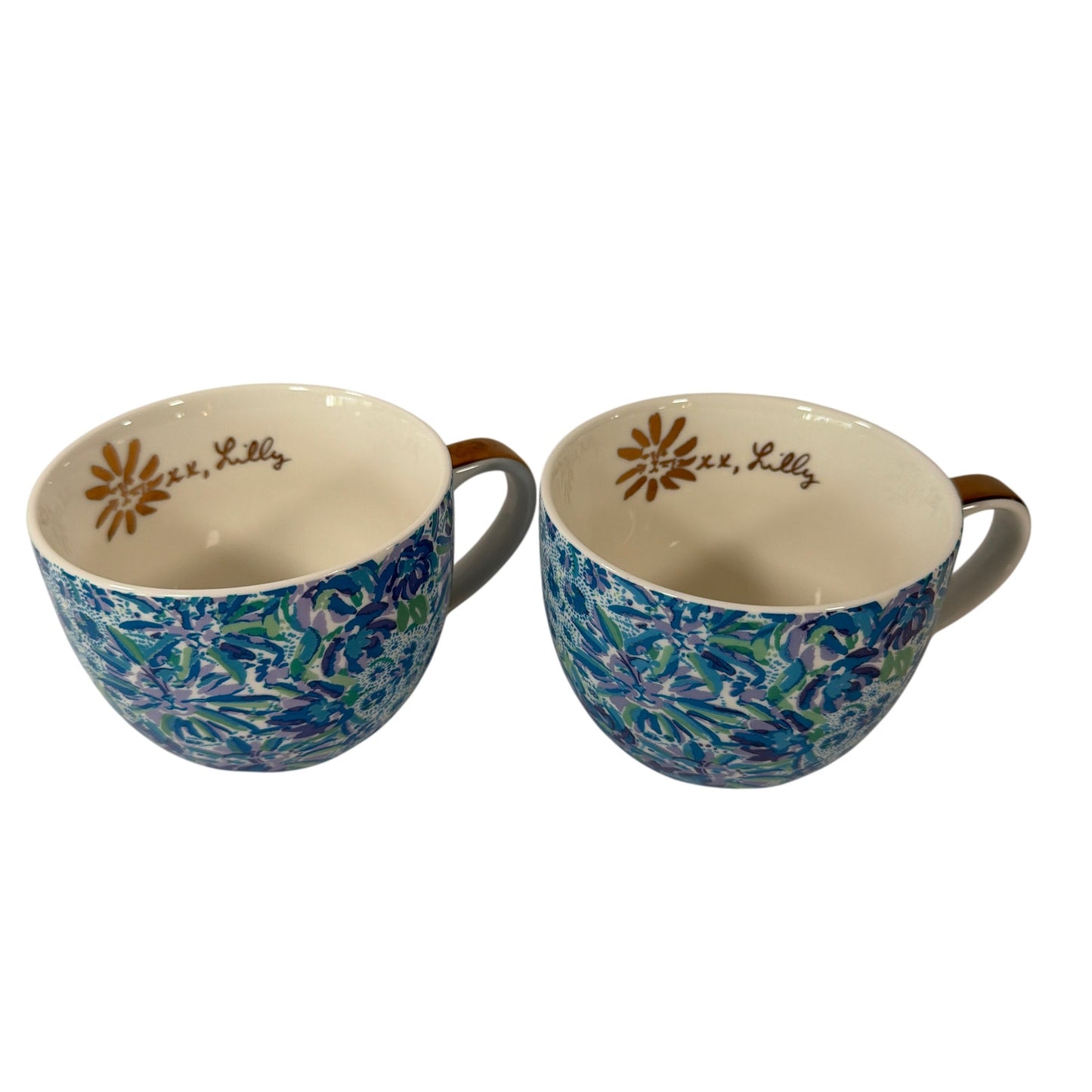 Lilly Pulitzer Blue Green Floral Ceramic Mug Set of 2 with Gold-Tone Handles