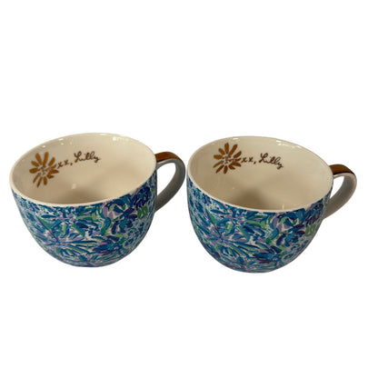 Lilly Pulitzer Blue Green Floral Ceramic Mug Set of 2 with Gold-Tone Handles