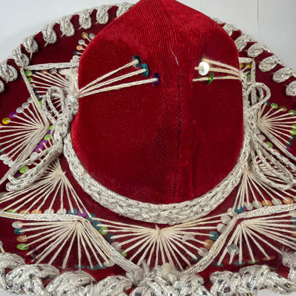 Sombreros Sanchez Red Velvet Charro Sombrero Hat Silver Trim Sequins 15in