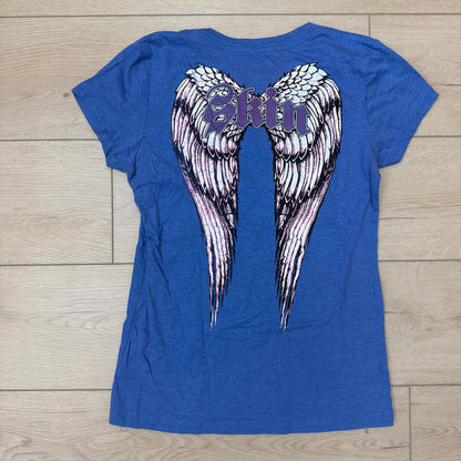 Skin Industries Womens Large Blue V-Neck Graphic T-Shirt Wings