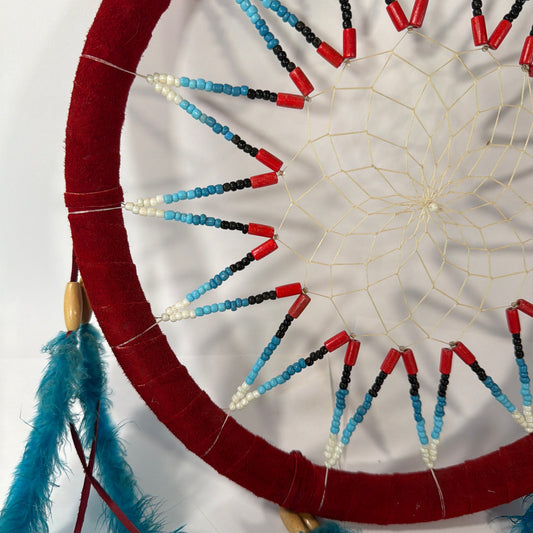 12 Inch Dreamcatcher Wall Hanging Red Hoop with Blue and Red Feathers