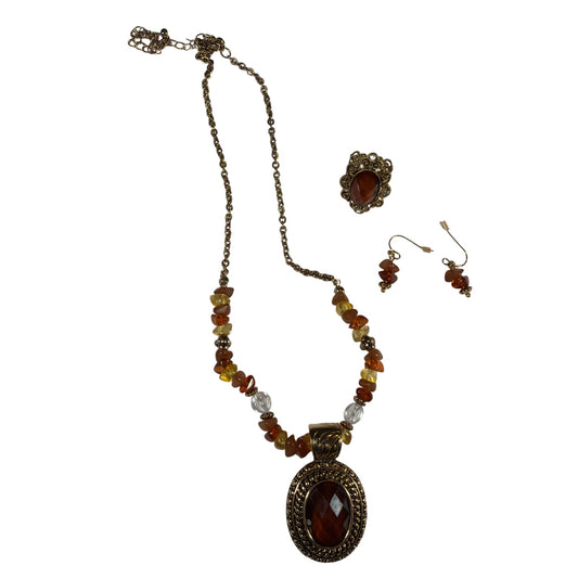 Avon Beaded Chain Medallion 3-Piece Jewelry Gift Set Brown Necklace Ring