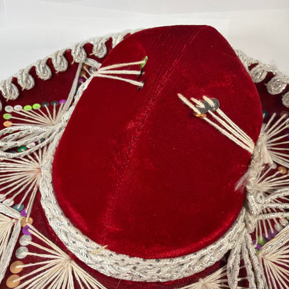 Sombreros Sanchez Red Velvet Charro Sombrero Hat Silver Trim Sequins 15in