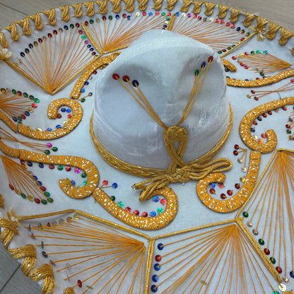 Pigalle XXXXX White Charro Sombrero Hat with Gold Trim and Sequins 23 in