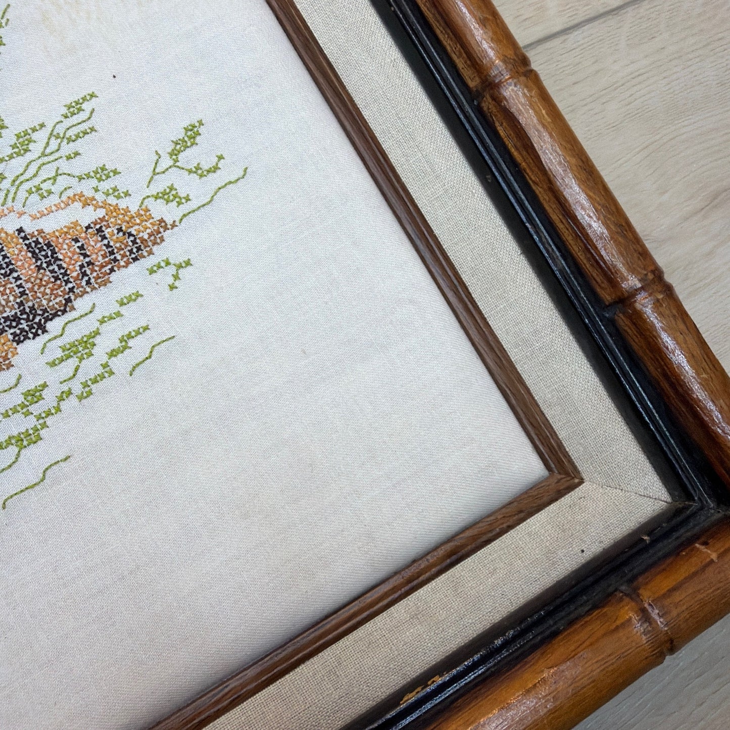 Framed Tiger Needlework Cross Stitch Wall Art 16 x 20 Bamboo Style Frame