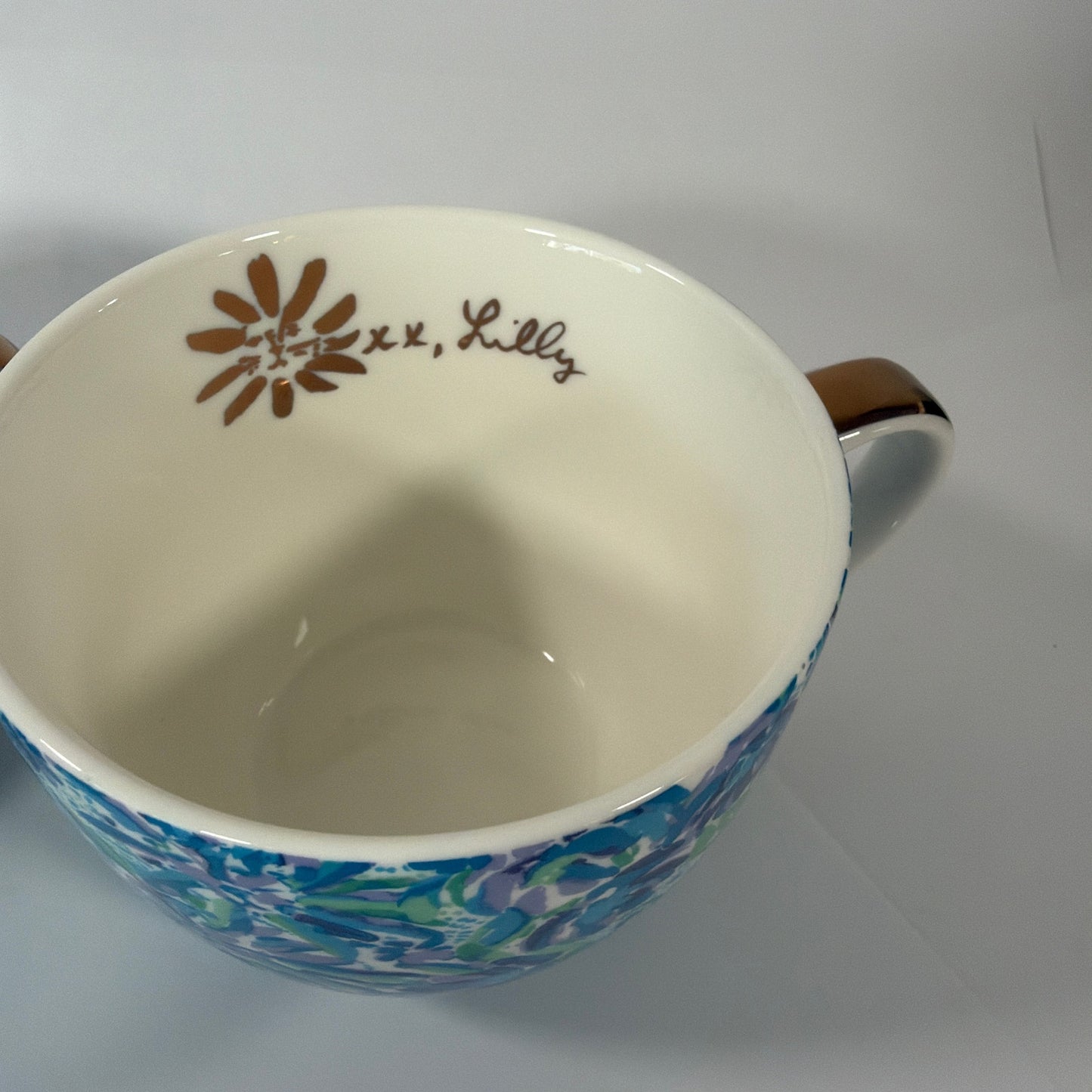 Lilly Pulitzer Blue Green Floral Ceramic Mug Set of 2 with Gold-Tone Handles