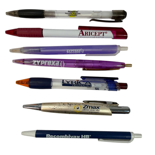 Lot of 7 Pharmaceutical Promo Click Pens Aricept Zyprexa Lyrica Havrix Zmax Rec