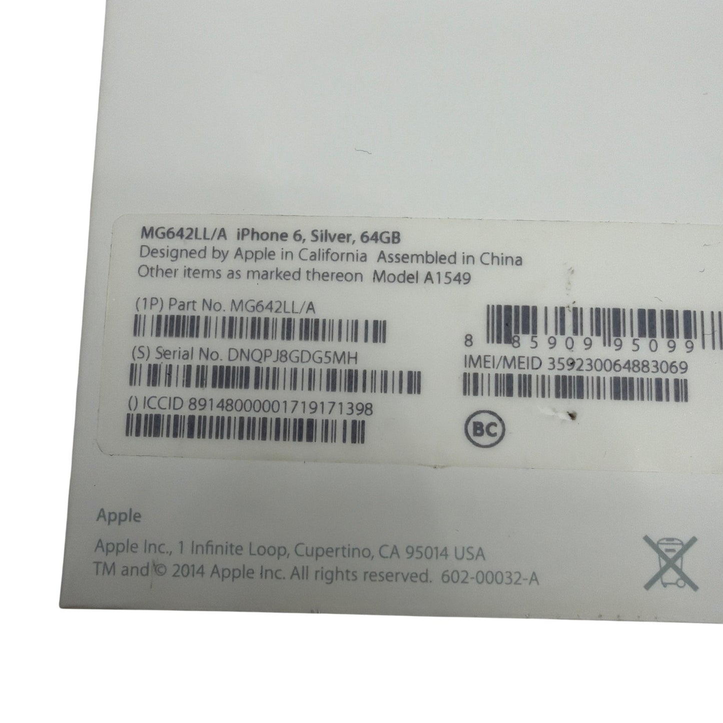 Original Apple iPhone 6 Box Only MG642LL/A Silver 64GB Packaging