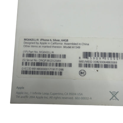 Original Apple iPhone 6 Box Only MG642LL/A Silver 64GB Packaging