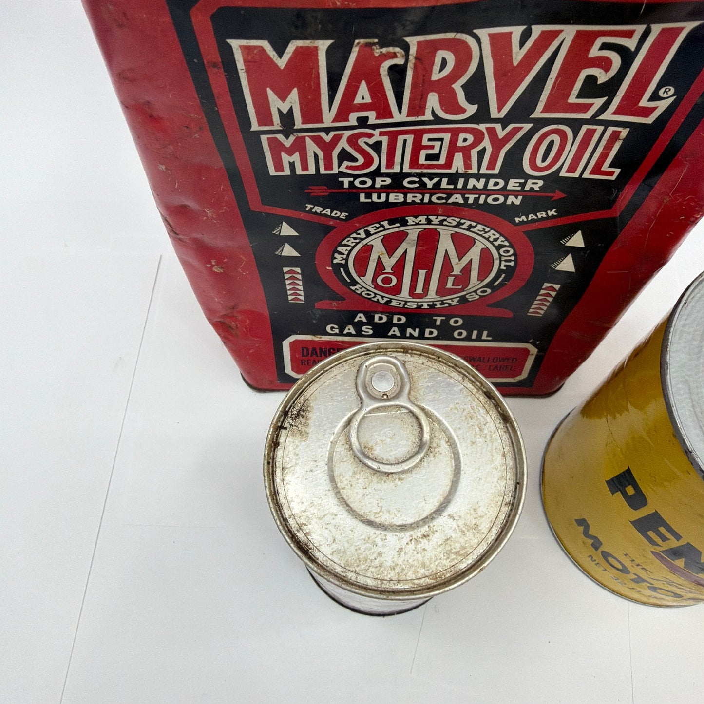 Vintage Oil Can Lot Marvel Mystery Oil Pennzoil STP Treatment Tins Movie Prop