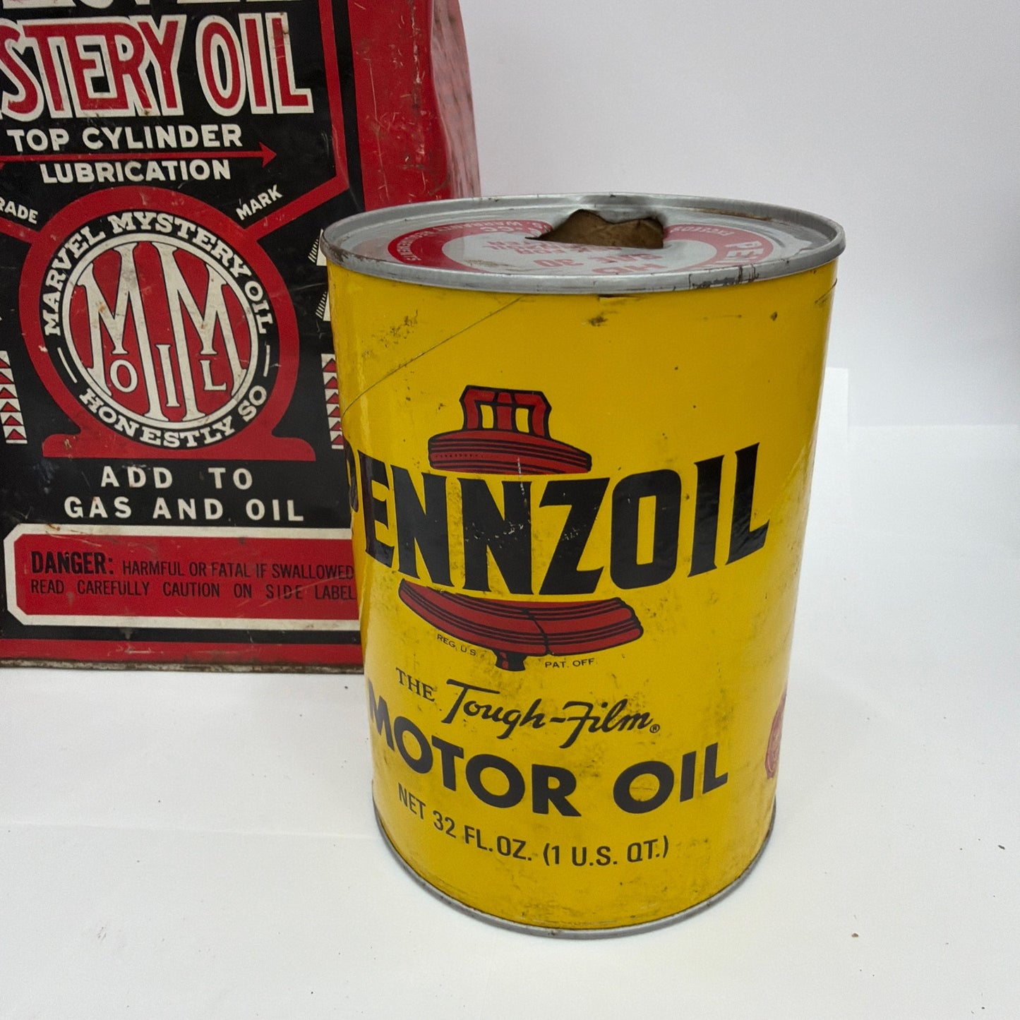 Vintage Oil Can Lot Marvel Mystery Oil Pennzoil STP Treatment Tins Movie Prop