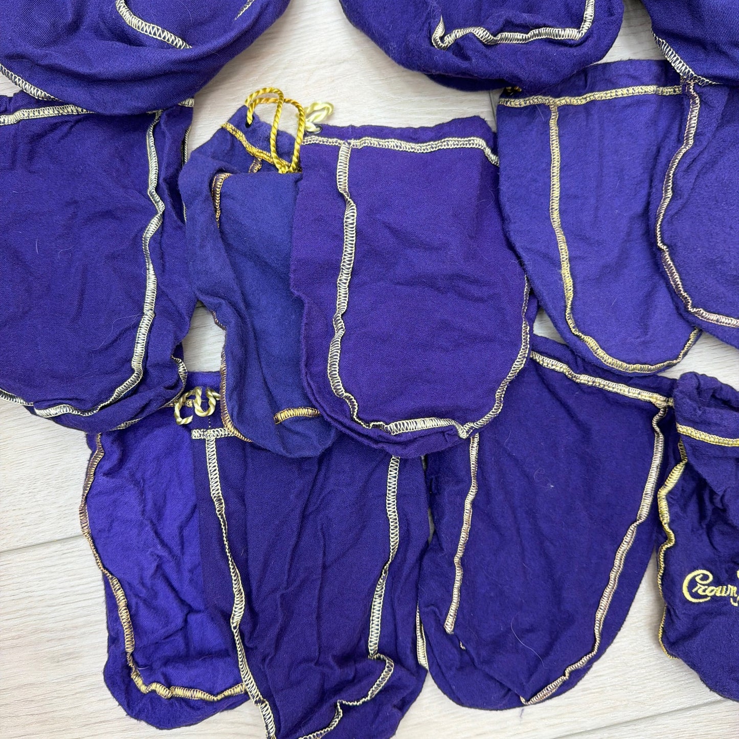 Lot of 16 Crown Royal Drawstring Bottle Bags Mixed Colors Purple Green Tan
